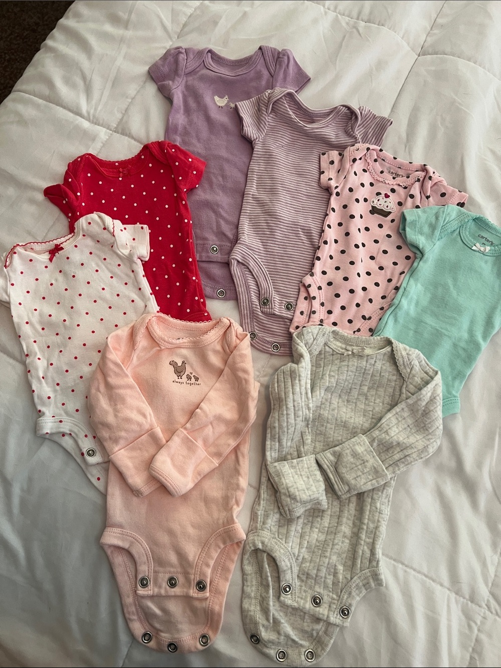 Eight Mixed Pastel & Polka Dot Baby One-Piece Bodysuit Set - Assorted Colors